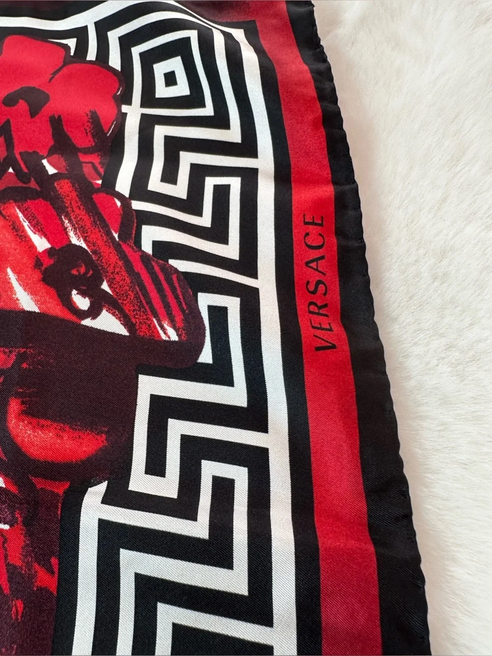 Versace Red Floral Silk-Blend Scarf with Blue & White Accents